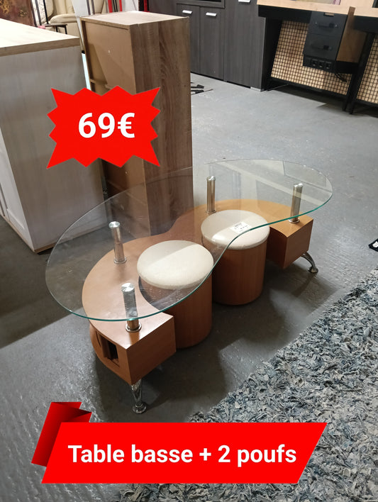 Table basse + 2 poufs